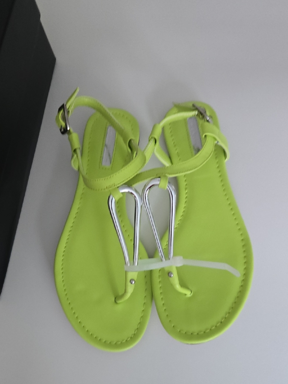 BCBGeneration Neon Lime T-Strap Sandals with Silver Accent